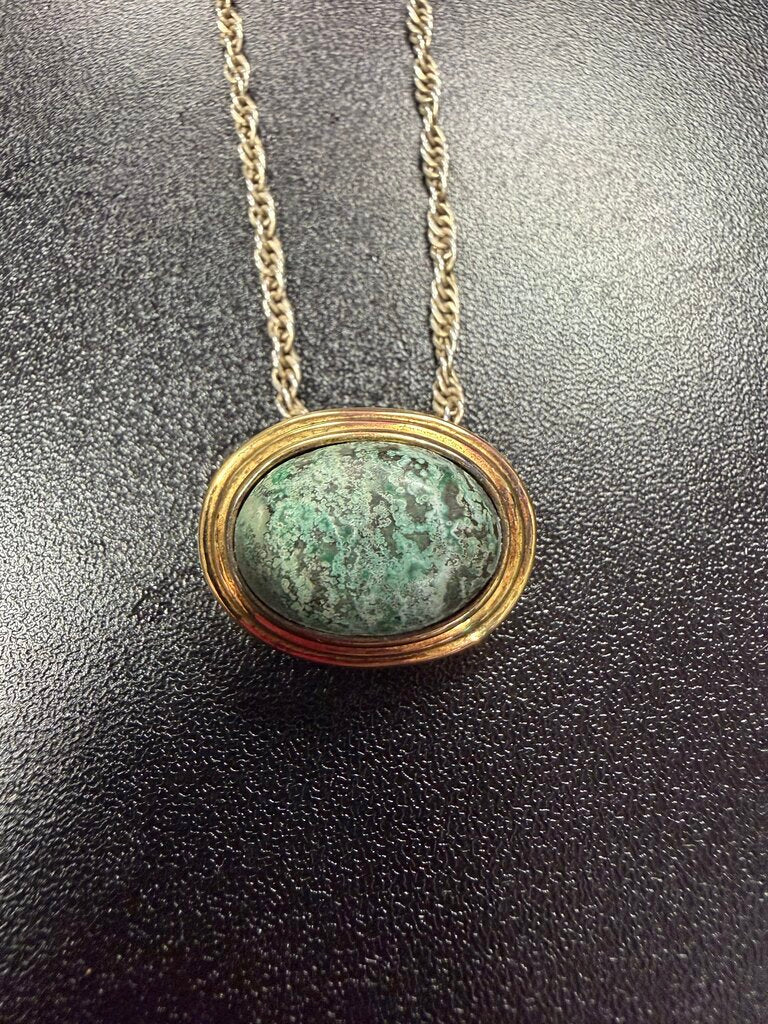 925 Vintage Gold Tone Green Stone Pendant Silver 18" Necklace