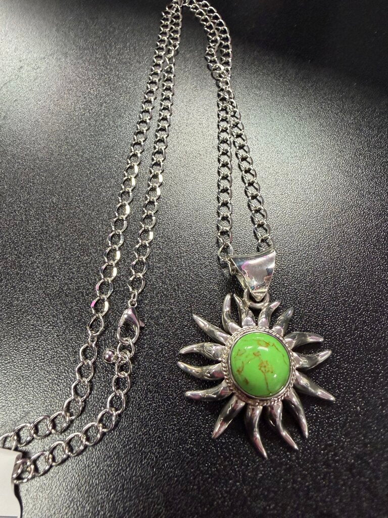 Mexican Green Stone 925 Sunburst Pendant Non-925 Necklace