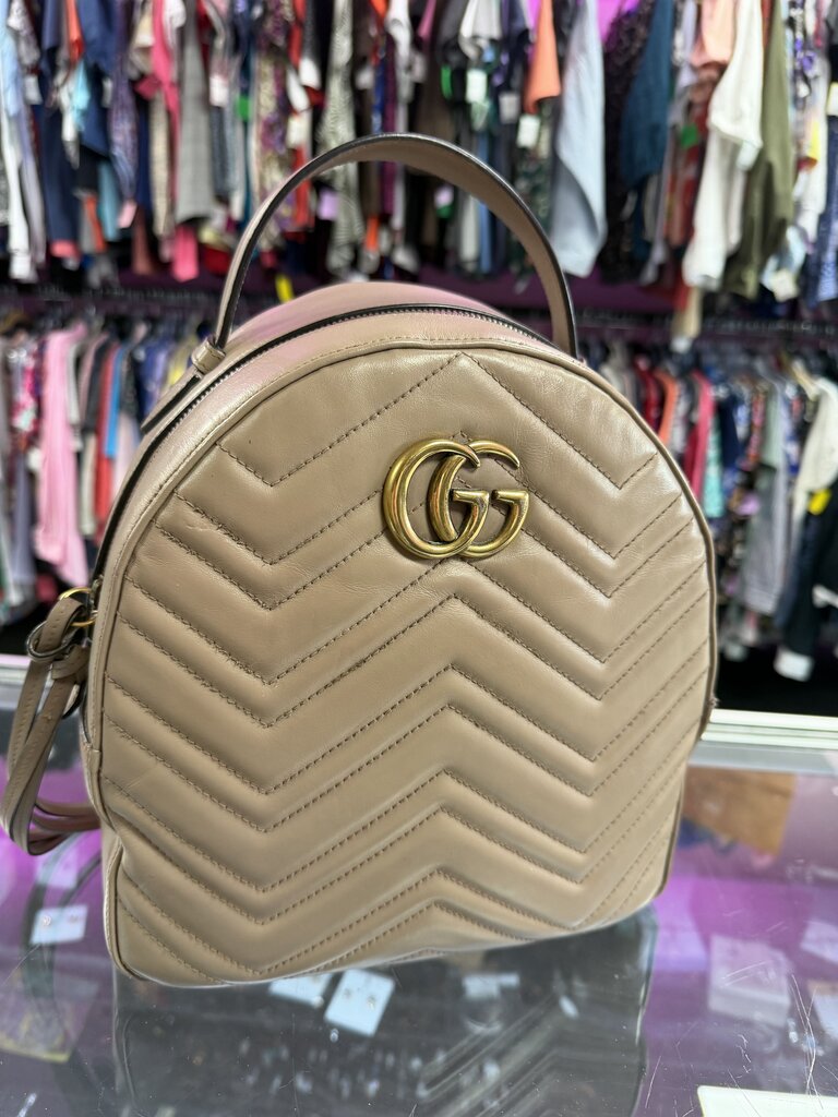 Gucci GG Marmont Backpack Matelasse Quilted Beige Leather with Goldtone Hardware