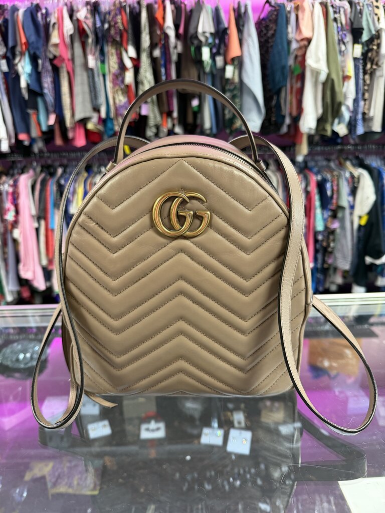 Gucci GG Marmont Backpack Matelasse Quilted Beige Leather with Goldtone Hardware