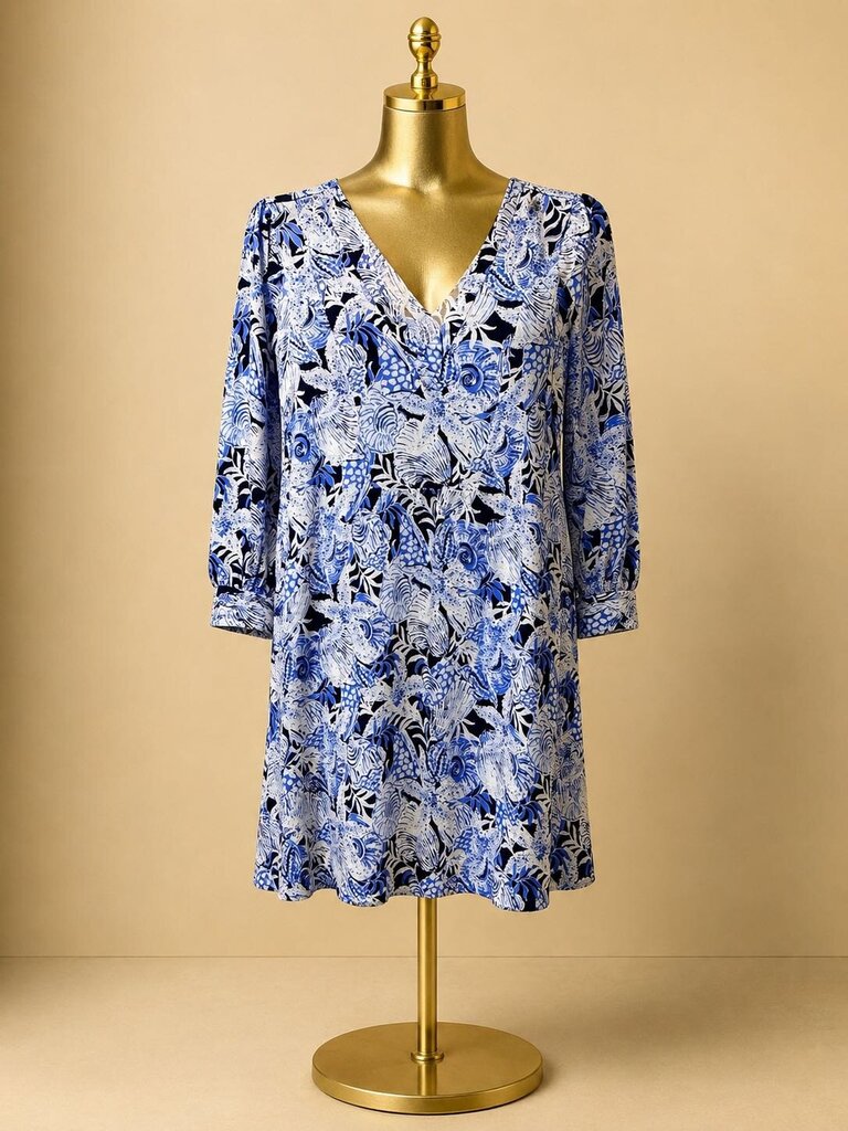 Sm Lilly Pulitzer L/S Cass Bonaire V Neck Dress In Blue Coastal Constellation
