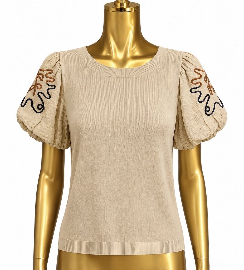 SM Anthropologie S/S Puff Squiggle Embroidered Crew Neck Ribbed