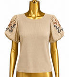 SM Anthropologie S/S Puff Squiggle Embroidered Crew Neck Ribbed