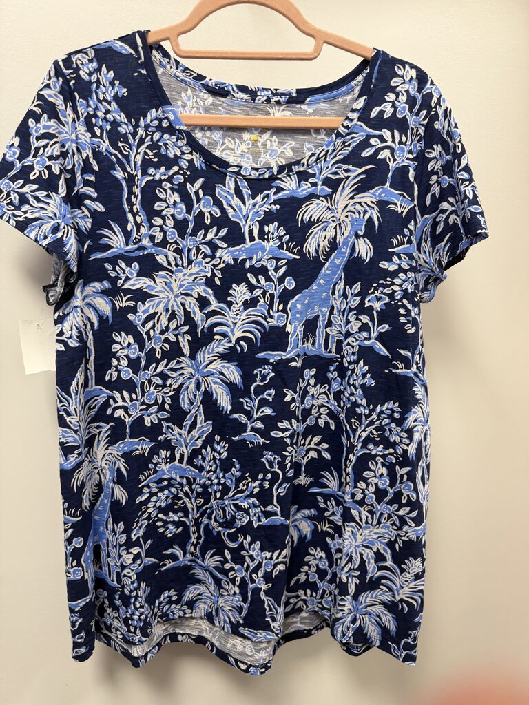 LG S/S Lilly Pulitzer Etta Scoop Neck Tee Low Tide Giraffe Palm Print