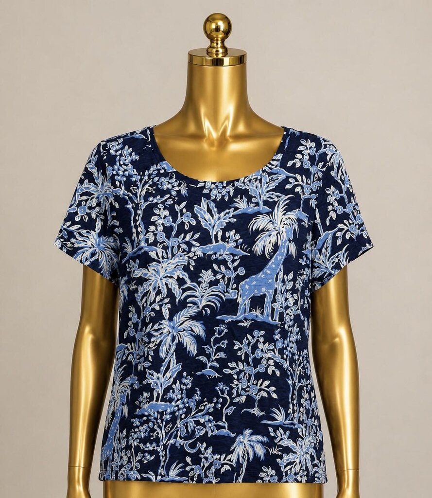 LG S/S Lilly Pulitzer Etta Scoop Neck Tee Low Tide Giraffe Palm Print