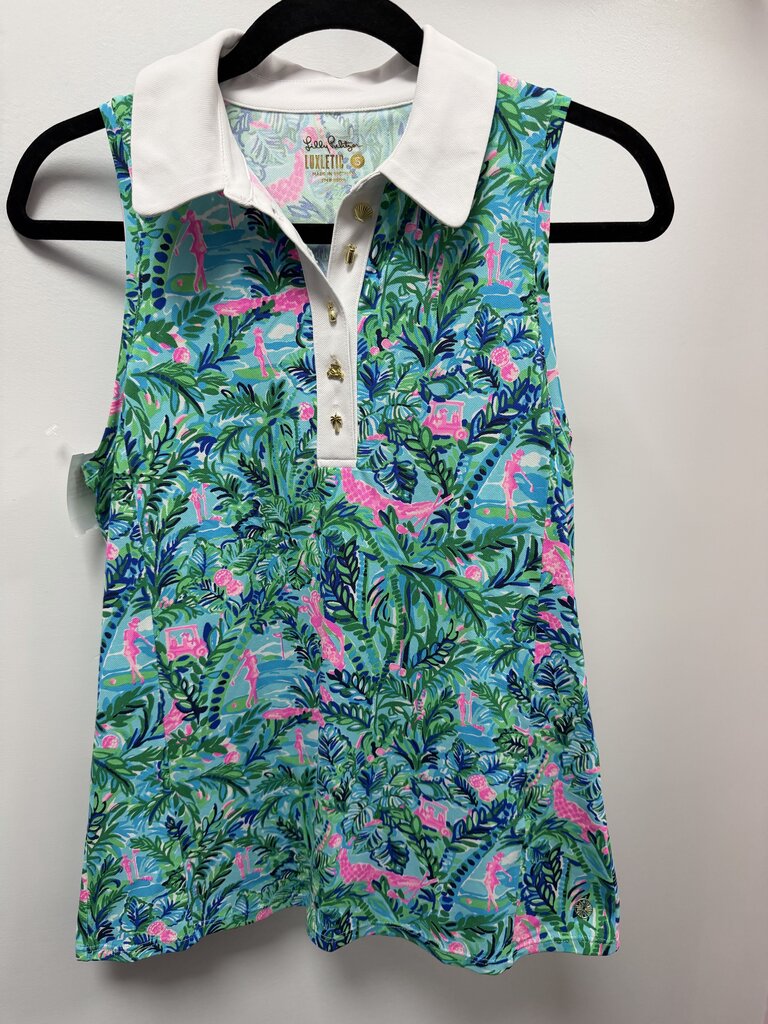 SM Lilly Pulitzer Luxletic Imara Polo Sleeveless Top Blue Horizon Par Fection