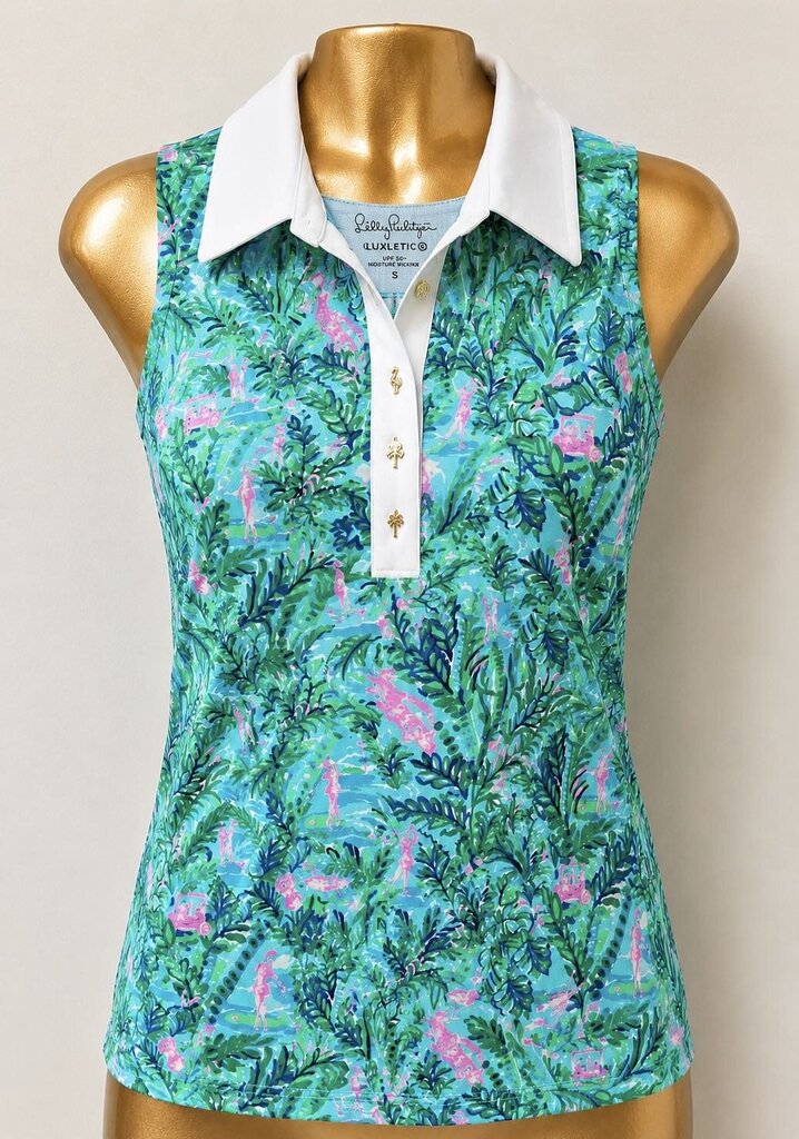 SM Lilly Pulitzer Luxletic Imara Polo Sleeveless Top Blue Horizon Par Fection