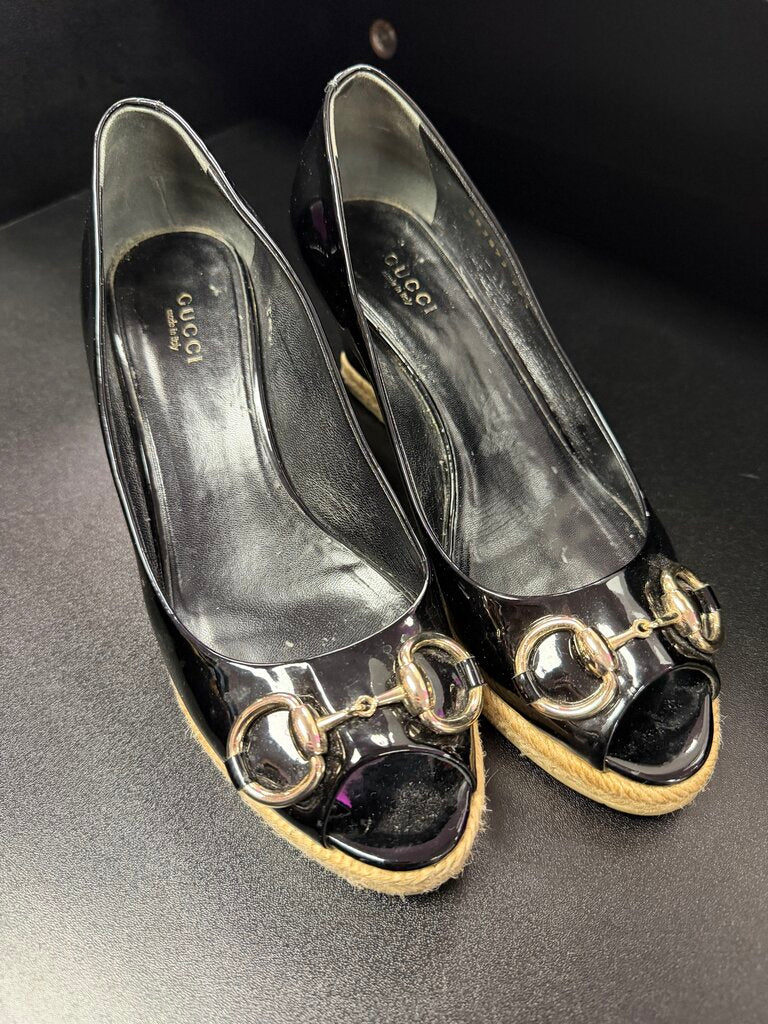 6.5-7/37.5 Gucci GG Canvas Charlotte Horsebit Espadrille Wedg
