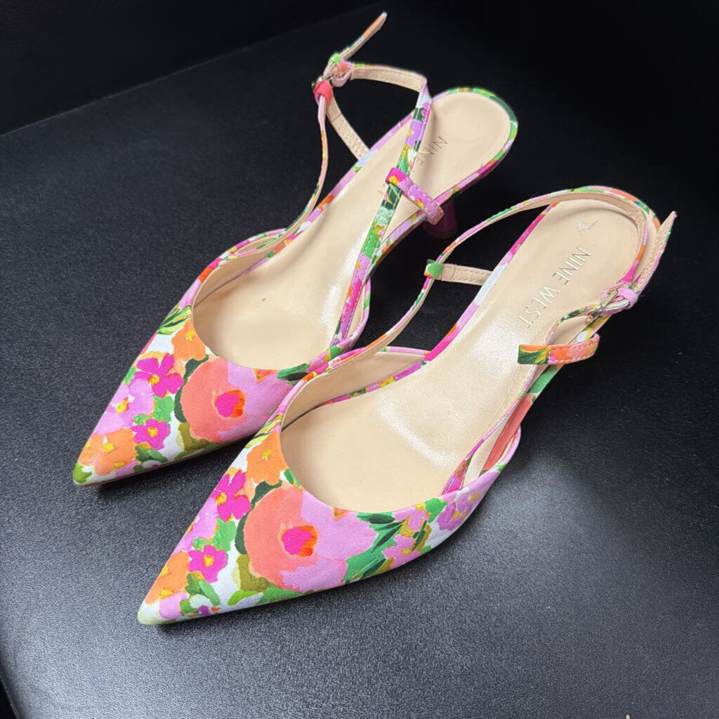 7.5 Pointed Ankle Strap Floral Heel