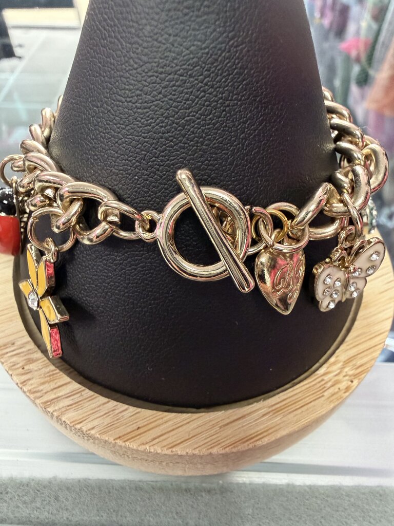 Betsey Johnson Gold Tone Butterfly Ladybug Flower Charm Bangle Toggle Bracelet