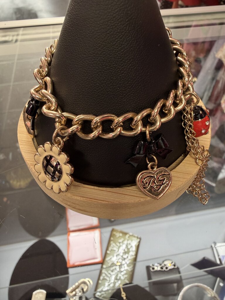 Betsey Johnson Gold Tone Butterfly Ladybug Flower Charm Bangle Toggle Bracelet