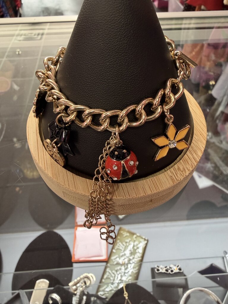 Betsey Johnson Gold Tone Butterfly Ladybug Flower Charm Bangle Toggle Bracelet