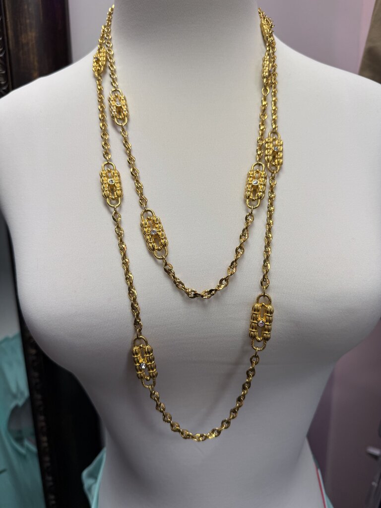 Camrose & Kross JBK (Jackie B. Kennedy) Gold Plated Paperclip Necklace Basketweave Station Clear Austrian Crystals