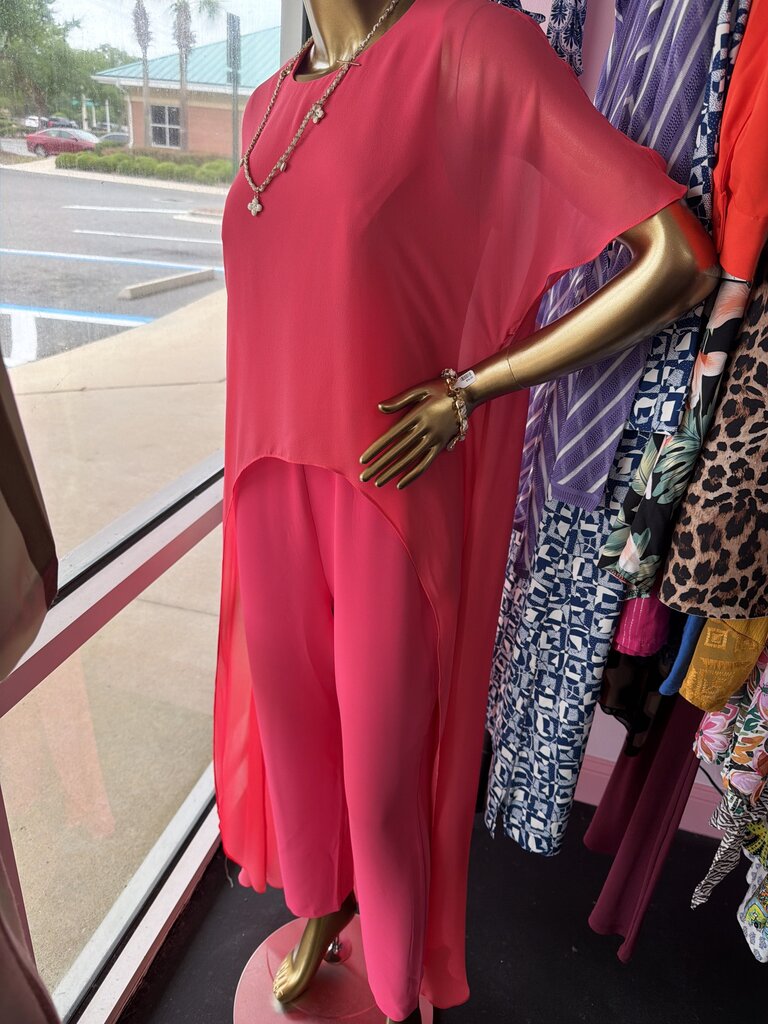 6 Trina Turk Capote Jumpsuit In Rum Punch Coral Sheer Overlay W/ Asem Hem