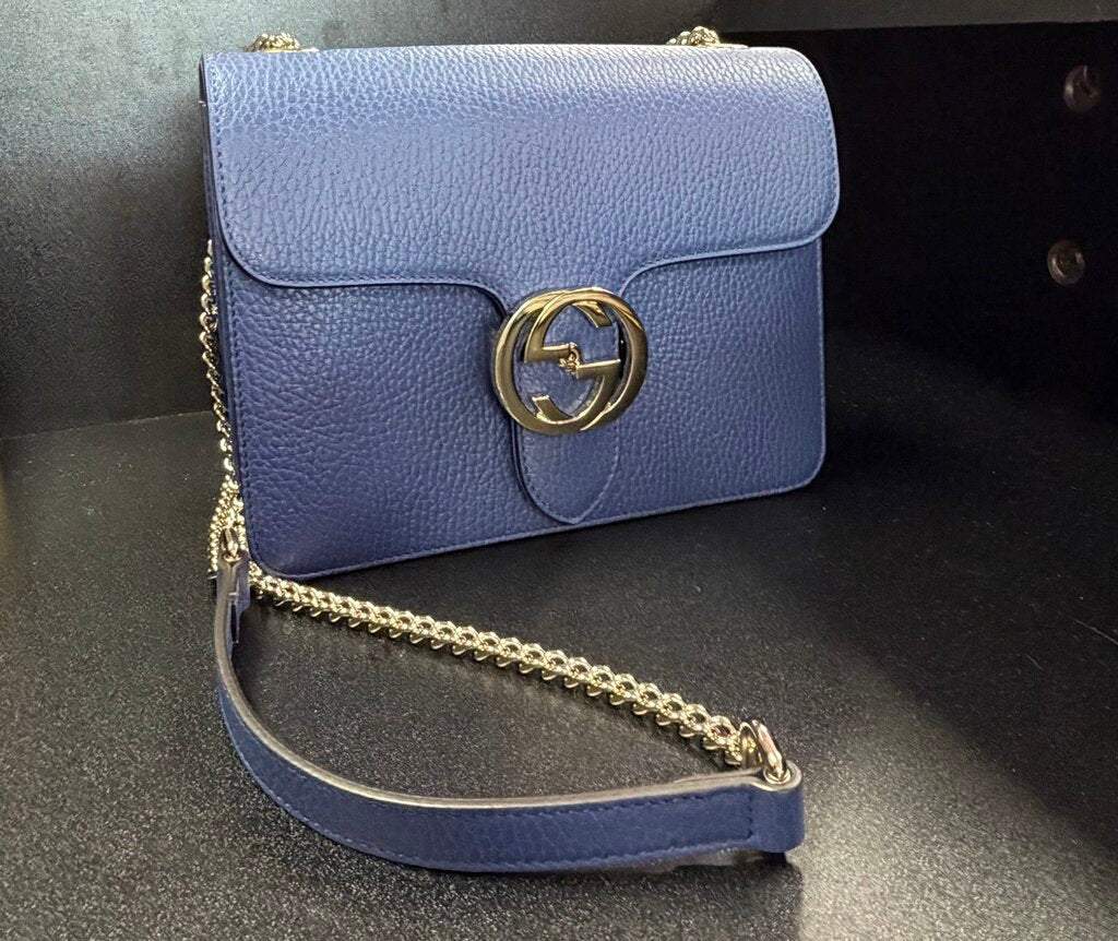 Gucci Interlocking G Shoulder Bag Gold Chain Strap Blue 510304 001998