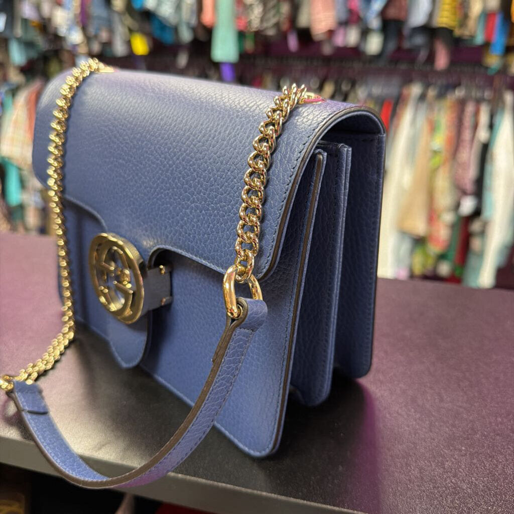 Gucci Interlocking G Shoulder Bag Gold Chain Strap Blue 510304 001998