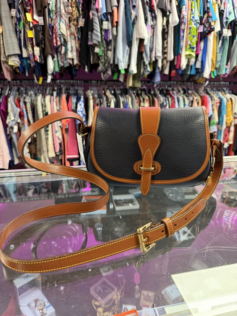 Dooney & Bourke Vintage Navy Blue and Tan Leather Equestrian USA Crossbody Bag