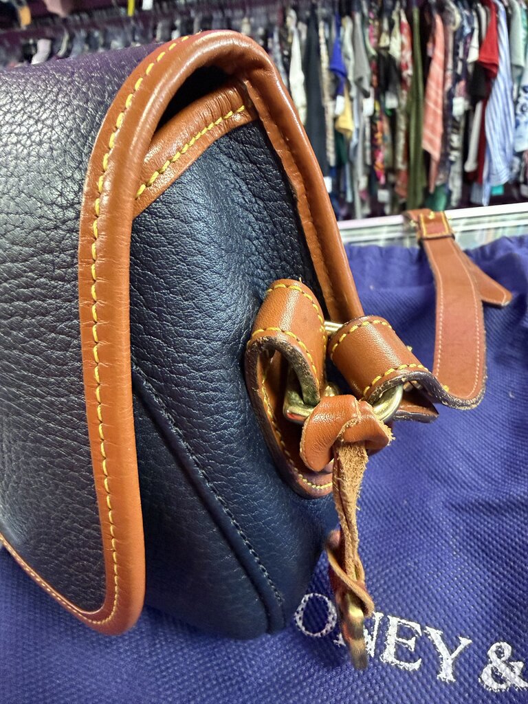 Dooney & Bourke Vintage Navy Blue and Tan Leather Equestrian USA Crossbody Bag