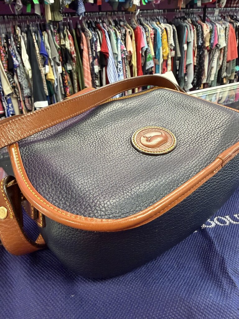 Dooney & Bourke Vintage Navy Blue and Tan Leather Equestrian USA Crossbody Bag