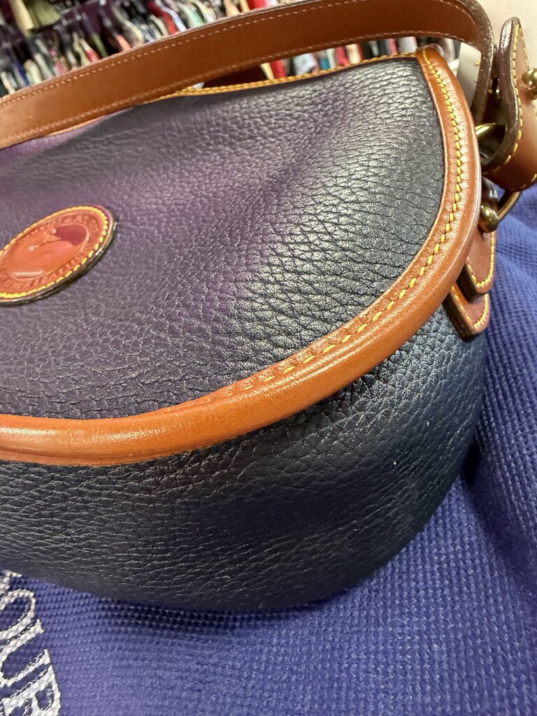 Dooney & Bourke Vintage Navy Blue and Tan Leather Equestrian USA Crossbody Bag