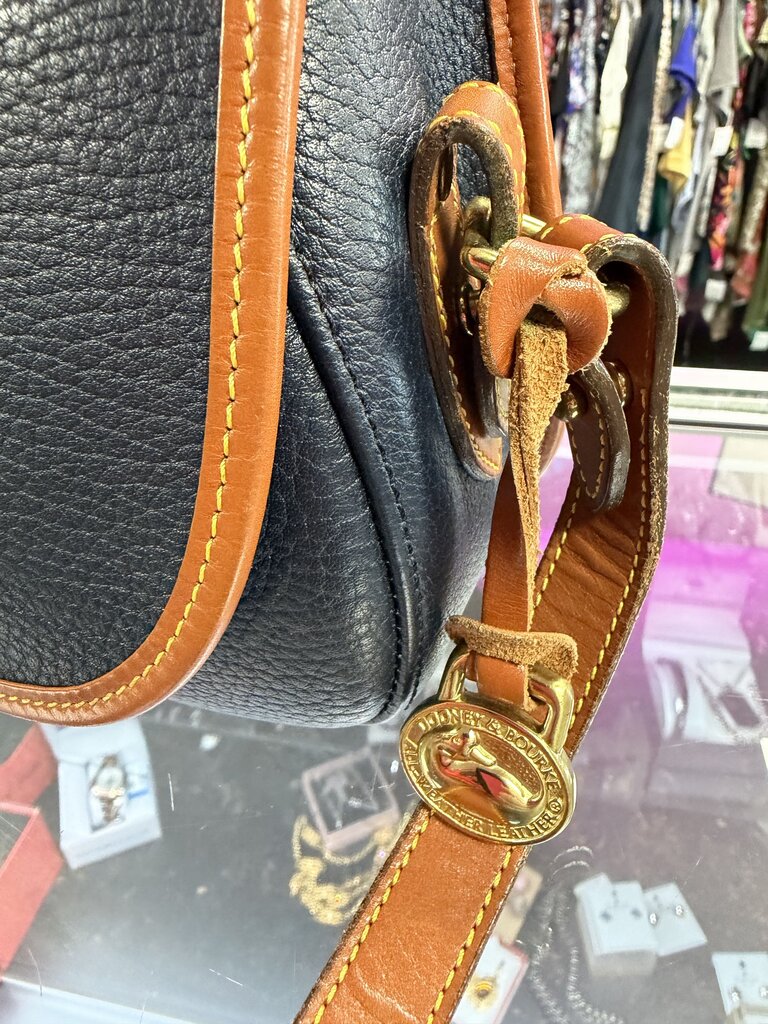 Dooney & Bourke Vintage Navy Blue and Tan Leather Equestrian USA Crossbody Bag