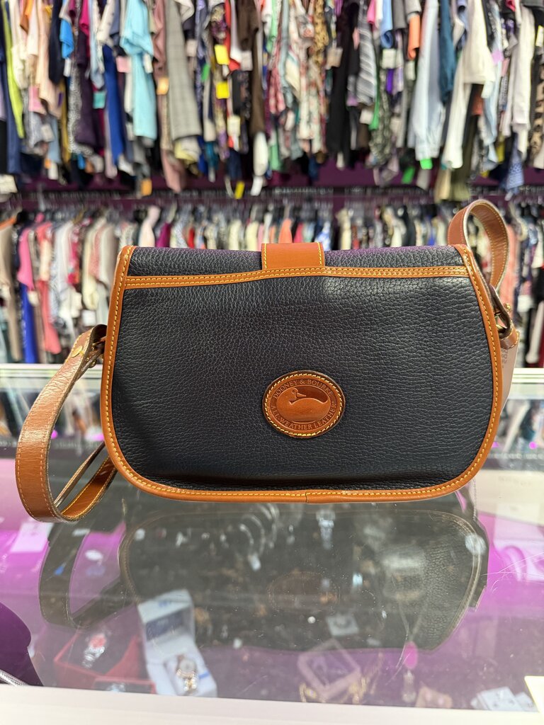 Dooney & Bourke Vintage Navy Blue and Tan Leather Equestrian USA Crossbody Bag