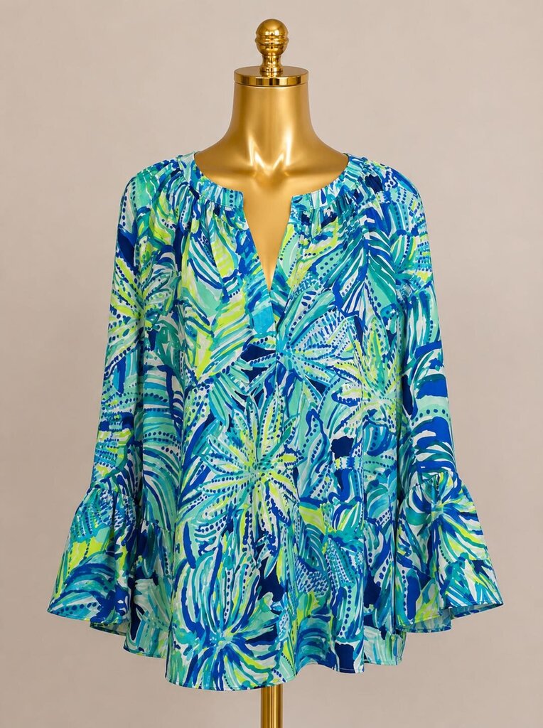 LG Lilly Pulitzer L/S Matilda Silk V Neck Palm Leaf Print