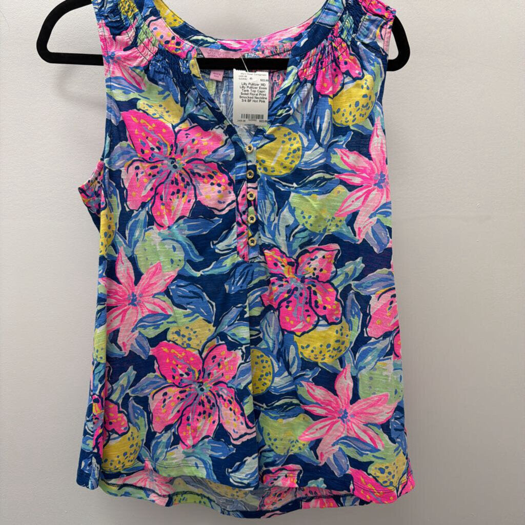 MD Lilly Pulitzer Essie Tank Top Capri Soleil Floral Print Smocked Neckline 3/4 BF