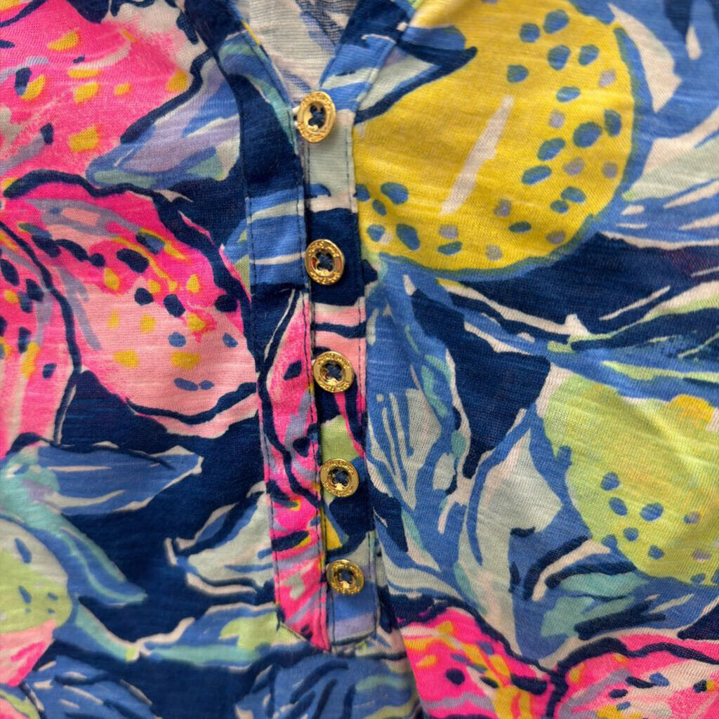 MD Lilly Pulitzer Essie Tank Top Capri Soleil Floral Print Smocked Neckline 3/4 BF