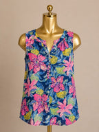 MD Lilly Pulitzer Essie Tank Top Capri Soleil Floral Print Smocked Neckline 3/4 BF