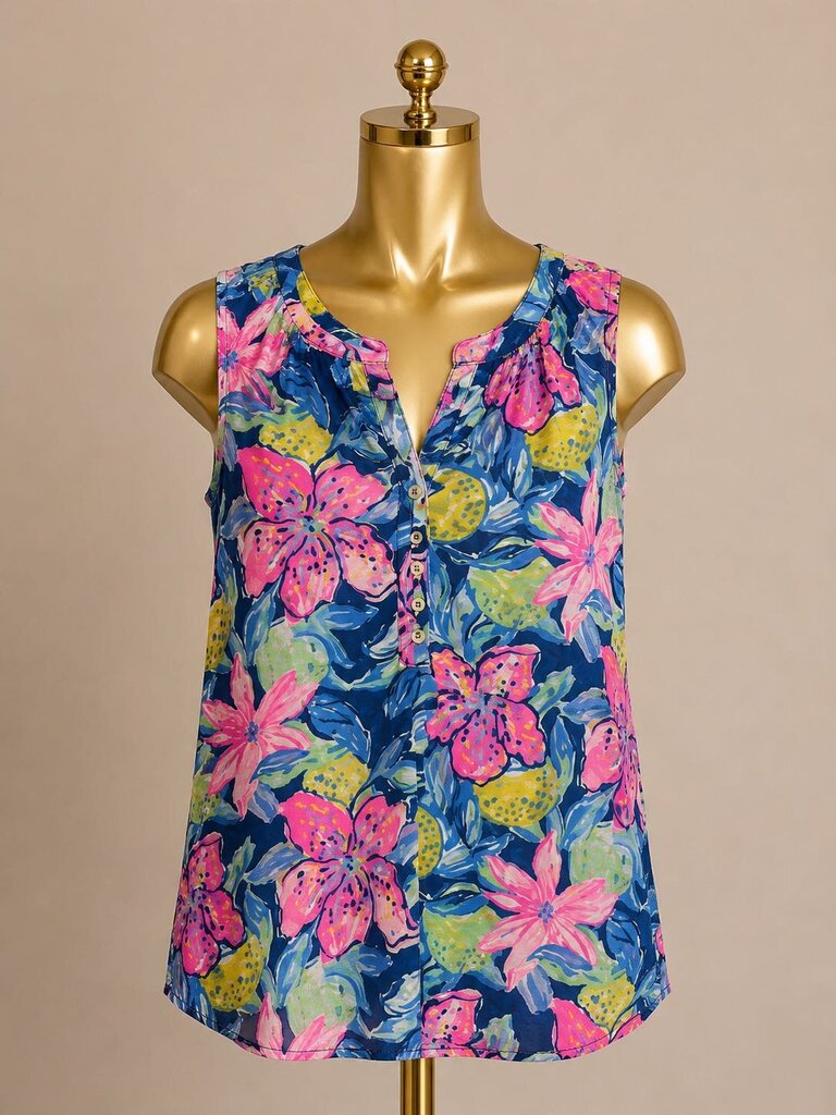 MD Lilly Pulitzer Essie Tank Top Capri Soleil Floral Print Smocked Neckline 3/4 BF