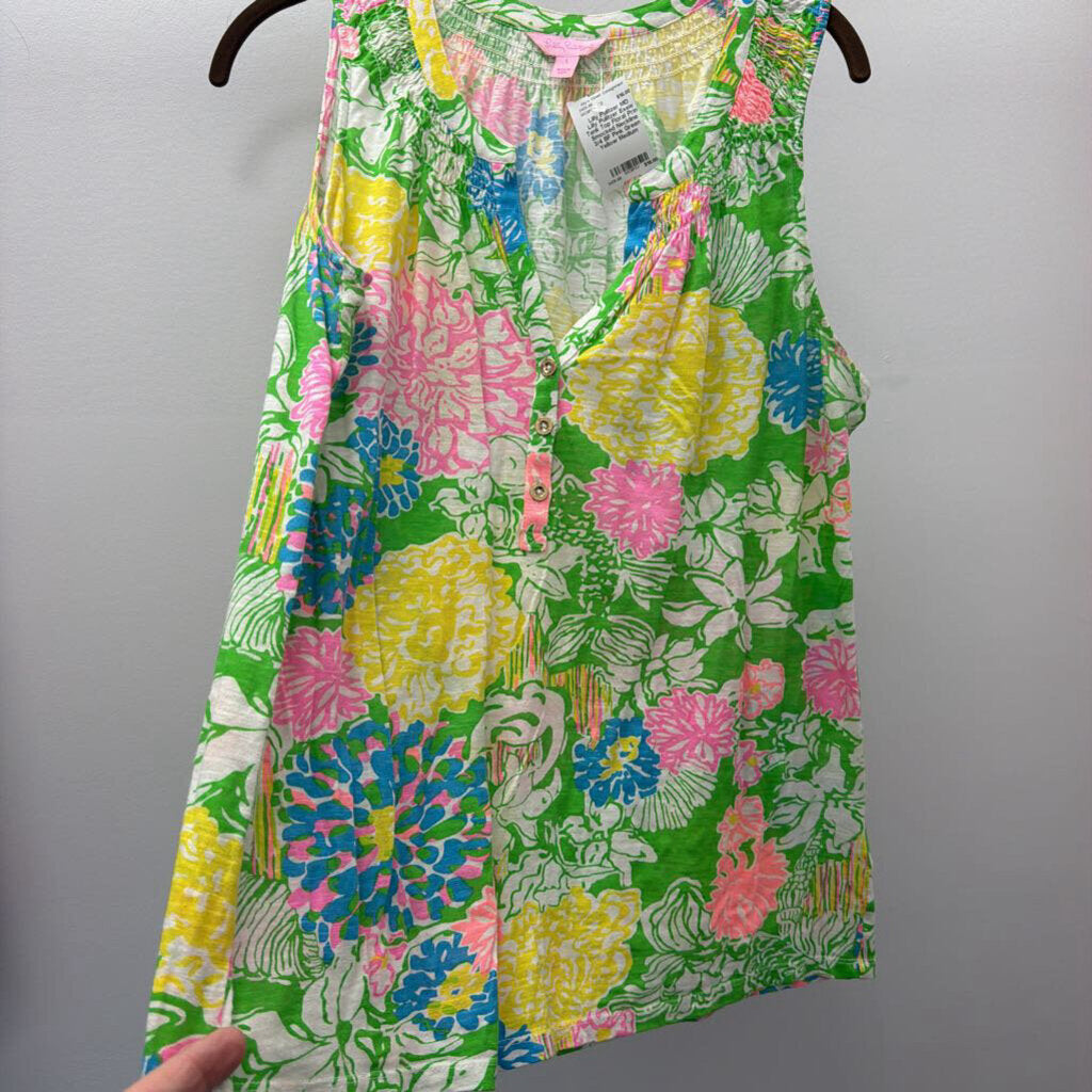 MD Lilly Pulitzer Essie Tank Top Floral Print Smocked Neckline 3/4 BF