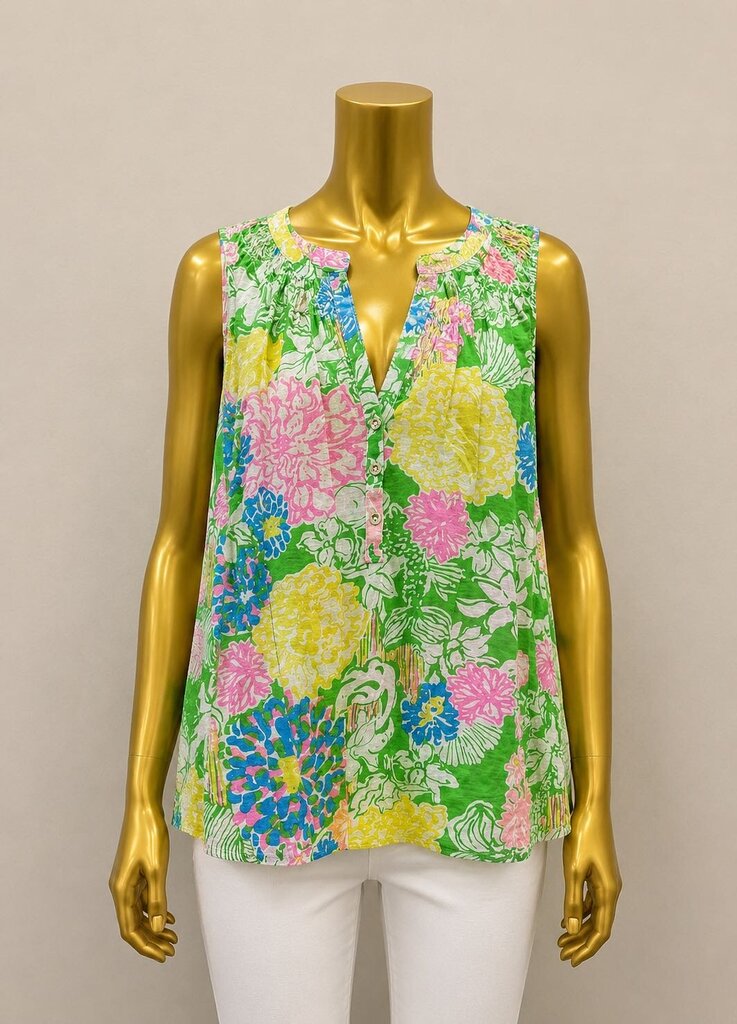 MD Lilly Pulitzer Essie Tank Top Floral Print Smocked Neckline 3/4 BF