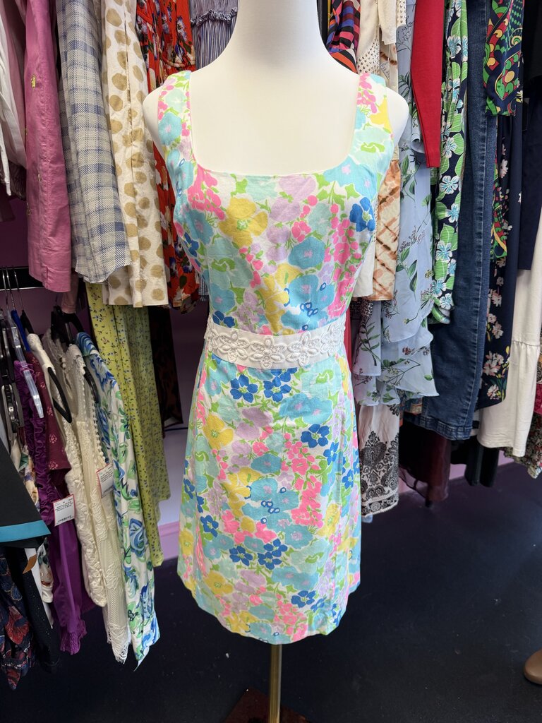 10 Lilly Pulitzer Serena Floral Print Square Neckline Embroidered w/ Delicate Sequin Waistband Dress As is