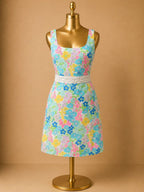 10 Lilly Pulitzer Serena Floral Print Square Neckline Embroidered w/ Delicate Sequin Waistband Dress As is