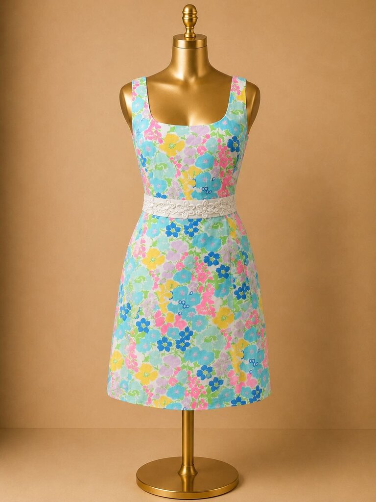 10 Lilly Pulitzer Serena Floral Print Square Neckline Embroidered w/ Delicate Sequin Waistband Dress As is
