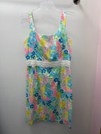 10 Lilly Pulitzer Serena Floral Print Square Neckline Embroidered w/ Delicate Sequin Waistband Dress As is