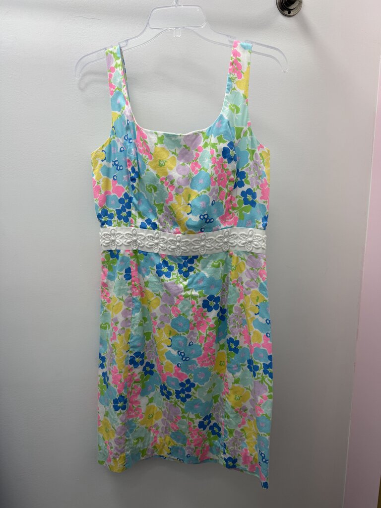 10 Lilly Pulitzer Serena Floral Print Square Neckline Embroidered w/ Delicate Sequin Waistband Dress As is