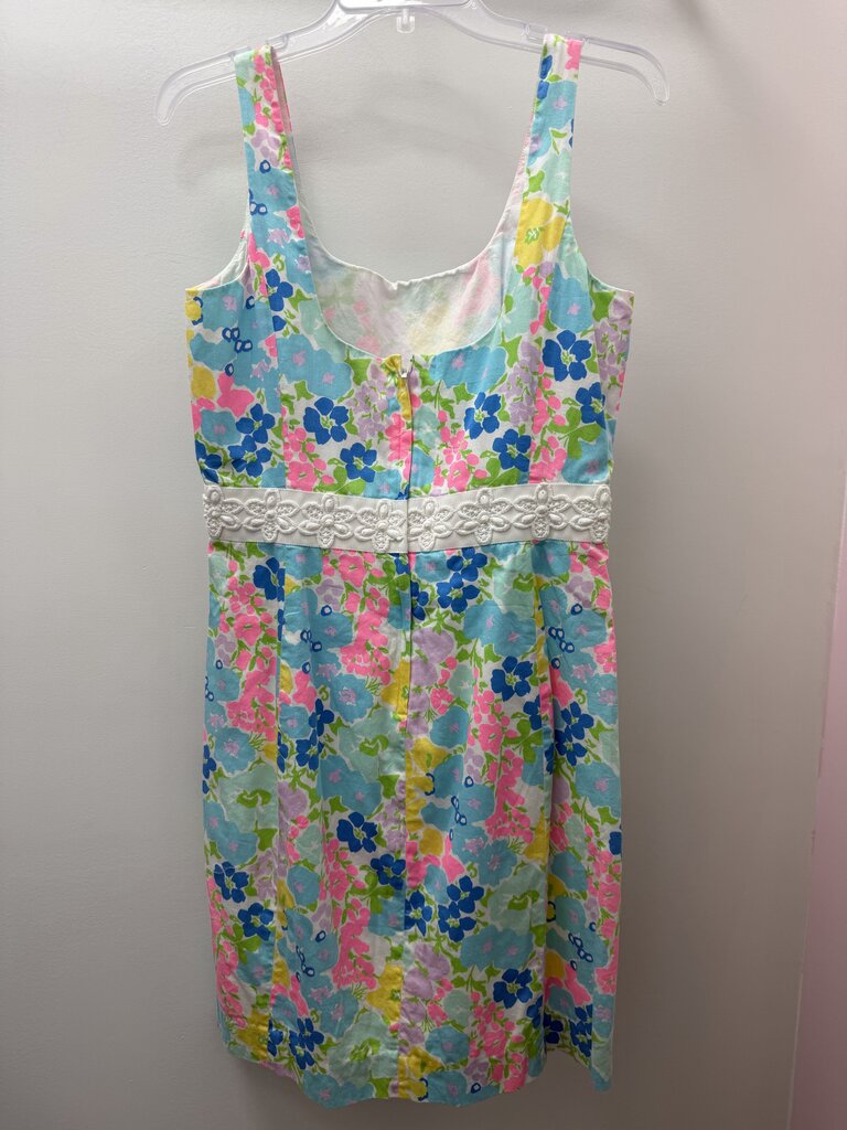 10 Lilly Pulitzer Serena Floral Print Square Neckline Embroidered w/ Delicate Sequin Waistband Dress As is