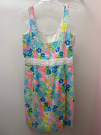 10 Lilly Pulitzer Serena Floral Print Square Neckline Embroidered w/ Delicate Sequin Waistband Dress As is