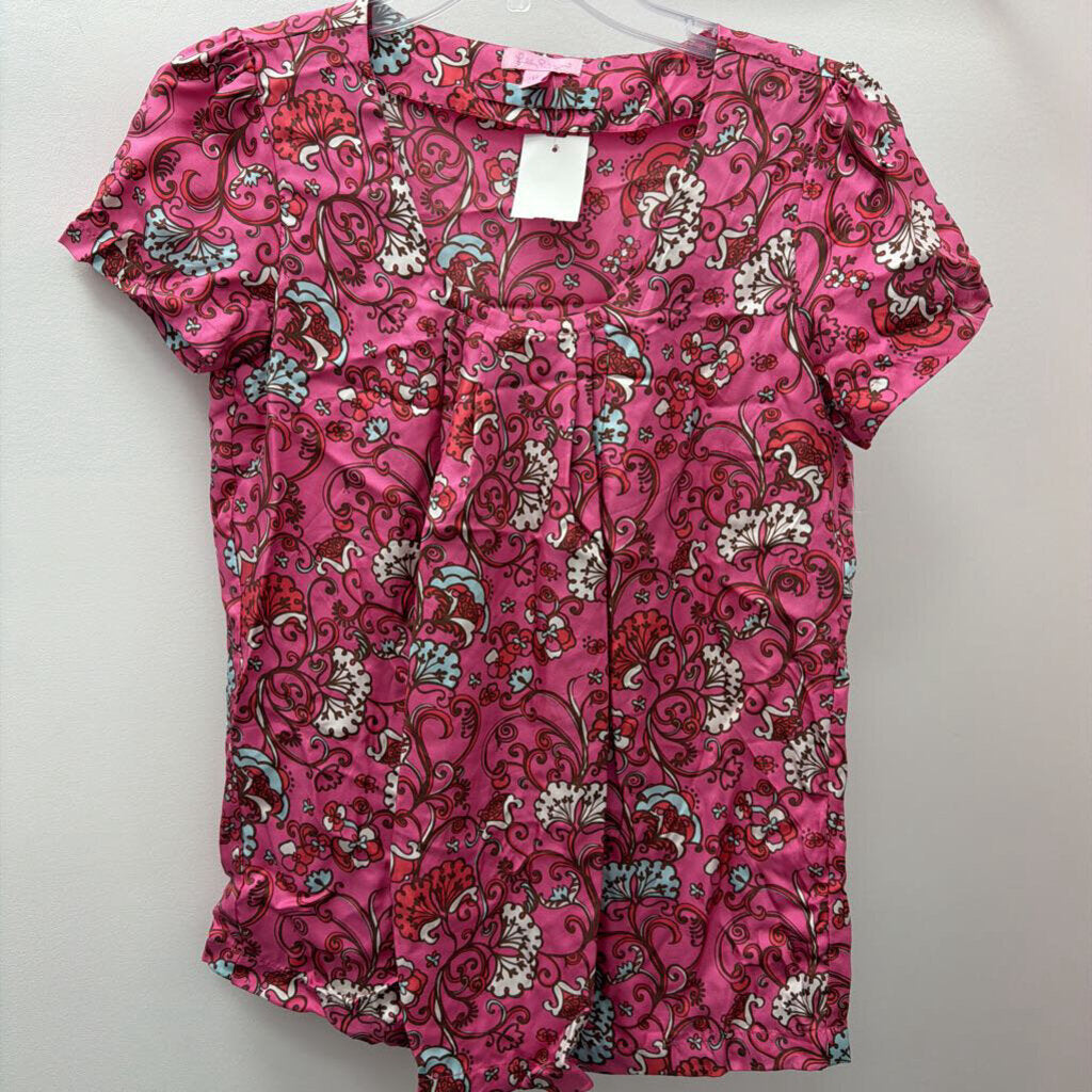 XS Lilly Pulitzer S/S Silk Paisley Blouse Pleated Scoop Neckline