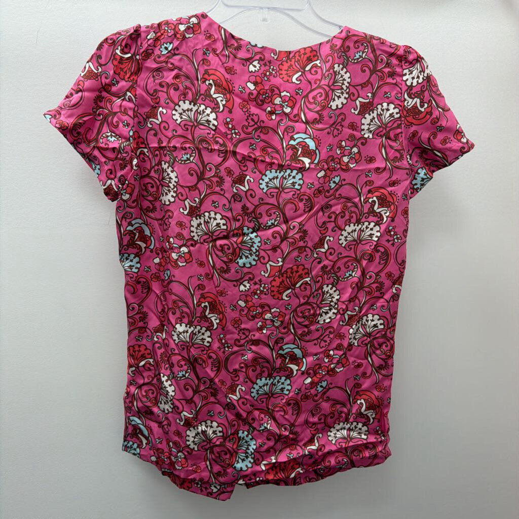 XS Lilly Pulitzer S/S Silk Paisley Blouse Pleated Scoop Neckline