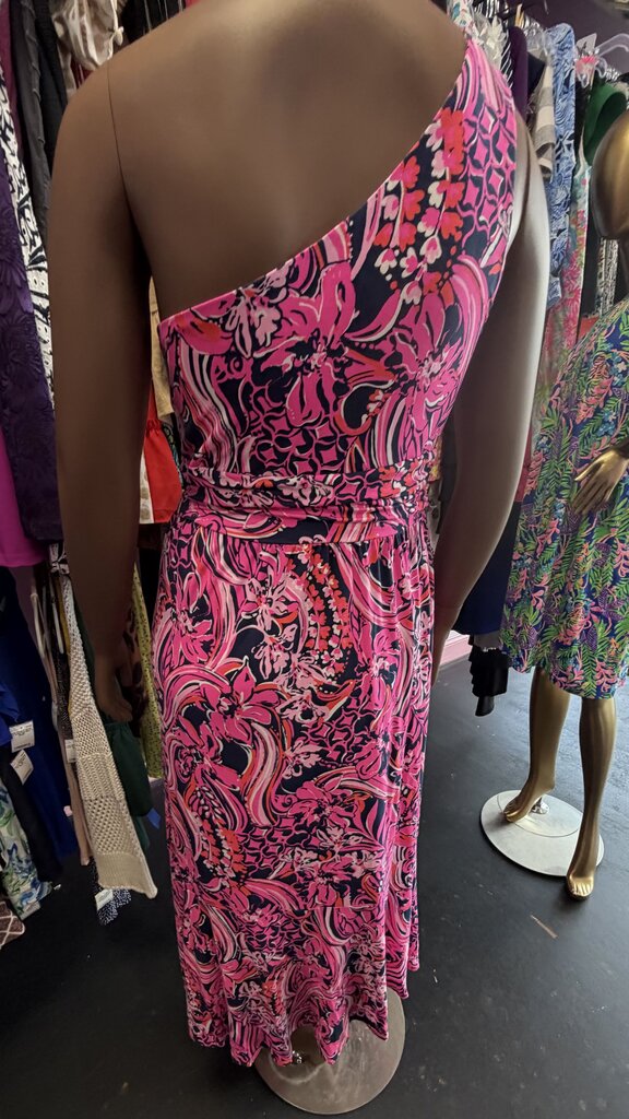 XL Lilly Pulitzer Monico One Shoulder Hi-Low Jersey Dress In Vibrant Pink Navy Floral