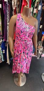 XL Lilly Pulitzer Monico One Shoulder Hi-Low Jersey Dress In Vibrant Pink Navy Floral
