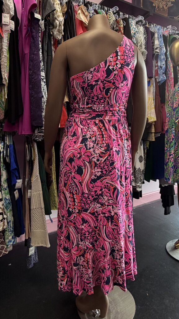 XL Lilly Pulitzer Monico One Shoulder Hi-Low Jersey Dress In Vibrant Pink Navy Floral