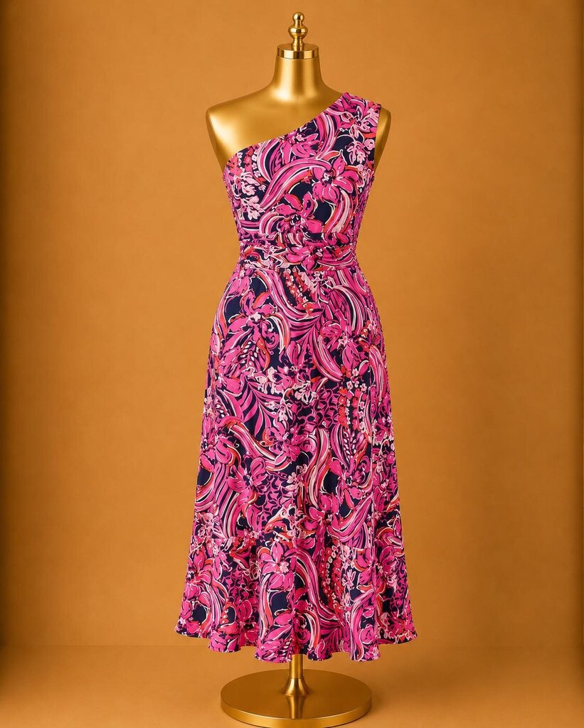 XL Lilly Pulitzer Monico One Shoulder Hi-Low Jersey Dress In Vibrant Pink Navy Floral