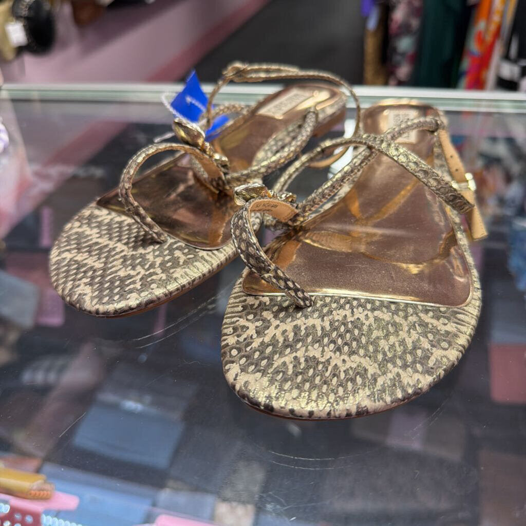 9.5 Badgley Mischka Gold Metallic Snakeskin Thong Flat Sandals Rhinestone Embellish