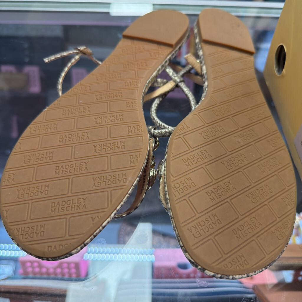 9.5 Badgley Mischka Gold Metallic Snakeskin Thong Flat Sandals Rhinestone Embellish