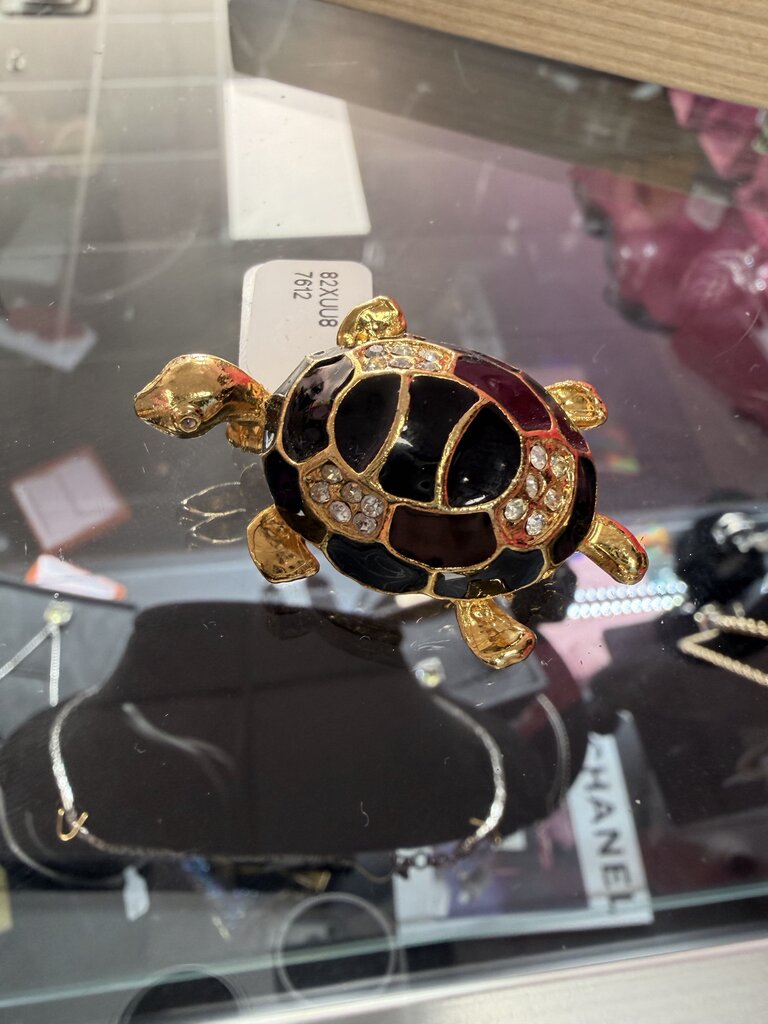 Gold Tone Turtle Featuring Black Enamel and Clear Rhinestone accents on its Shell and Body