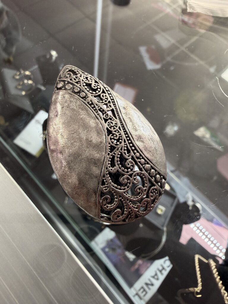Vintage Premier Designs Silver tone Hammered Teardrop Pendant with Intricate Filigree Scroolwork